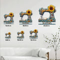 Sewing machine metal sign size guide showing available square dimensions in a room setting
