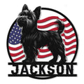 Patriotic Yorkie metal sign featuring a black Yorkshire Terrier silhouette over a waving American flag