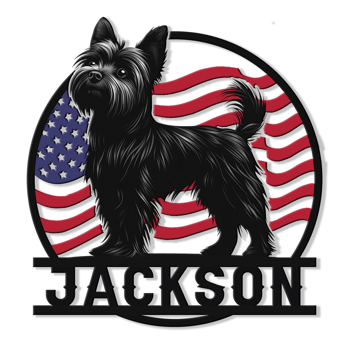 Patriotic Yorkie metal sign featuring a black Yorkshire Terrier silhouette over a waving American flag