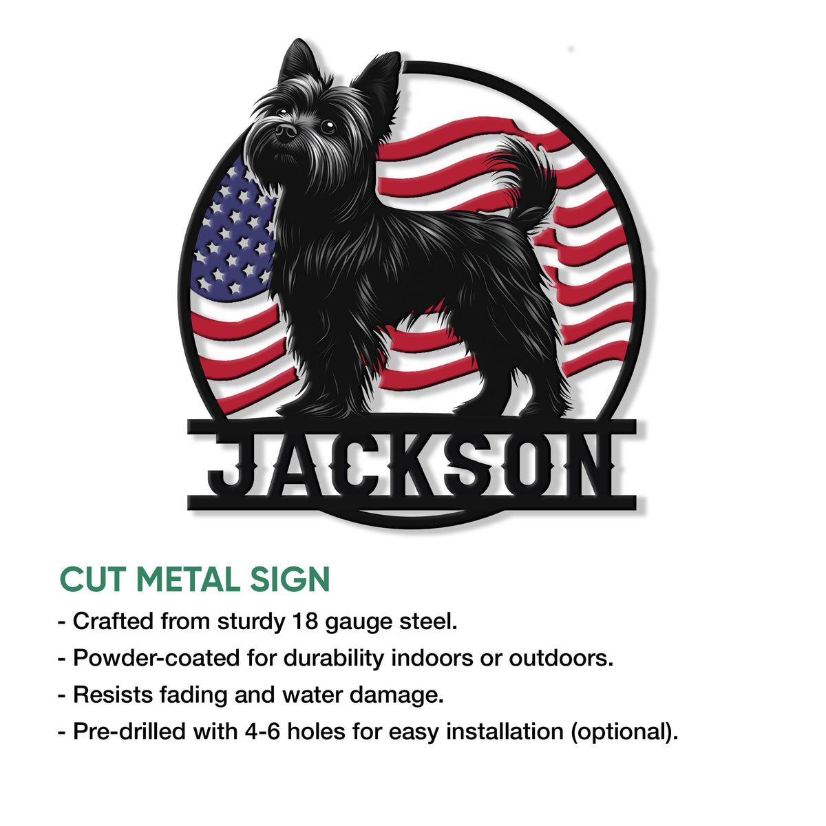 Yorkie metal sign product feature graphic showing the patriotic dog artwork and cut metal sign presentation