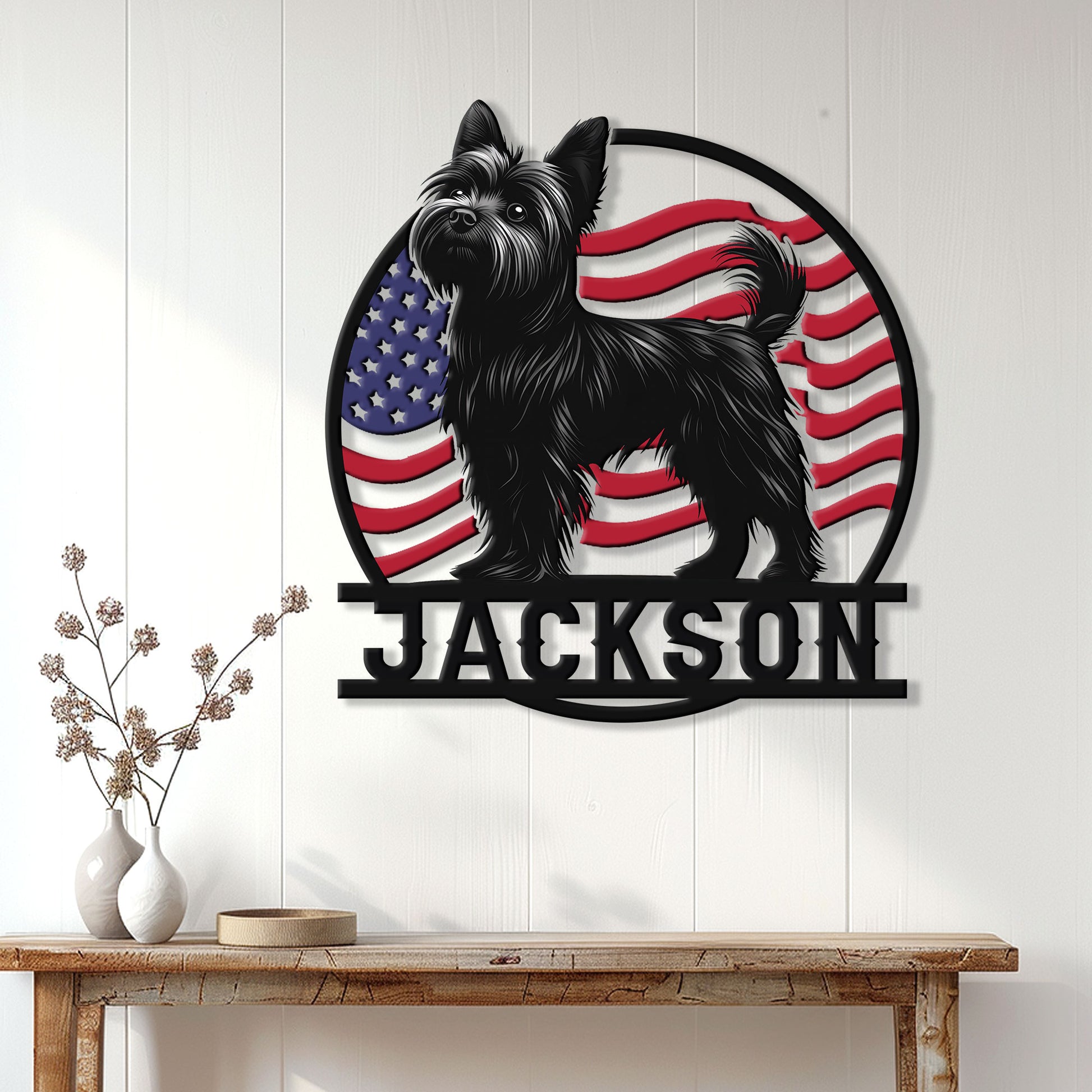 Patriotic Yorkshire Terrier metal wall sign displayed on a bright paneled entryway wall