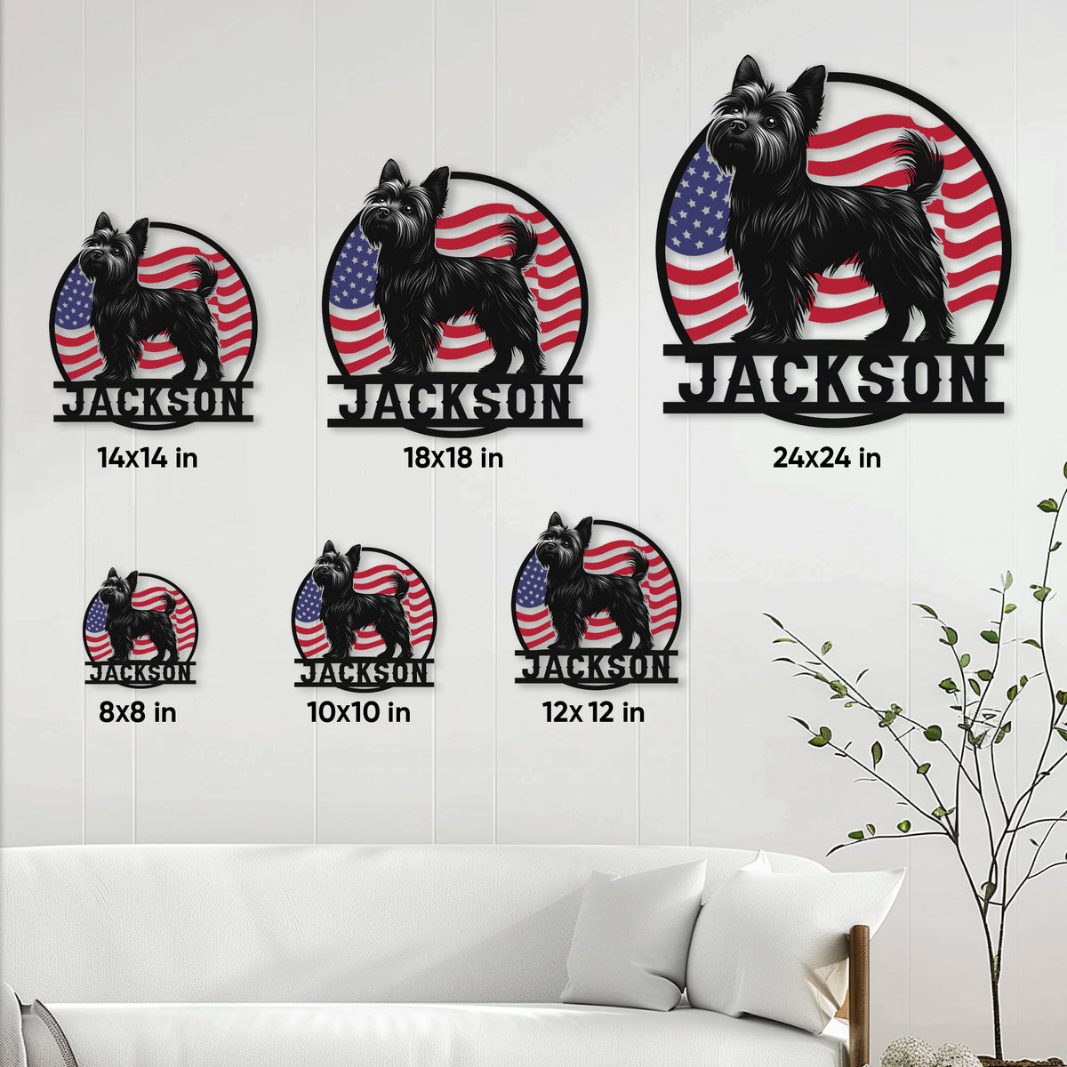 Yorkie metal sign size guide displayed in a living room with multiple square size options