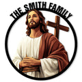 Christian metal sign featuring Jesus with a wooden cross inside a bold circular frame