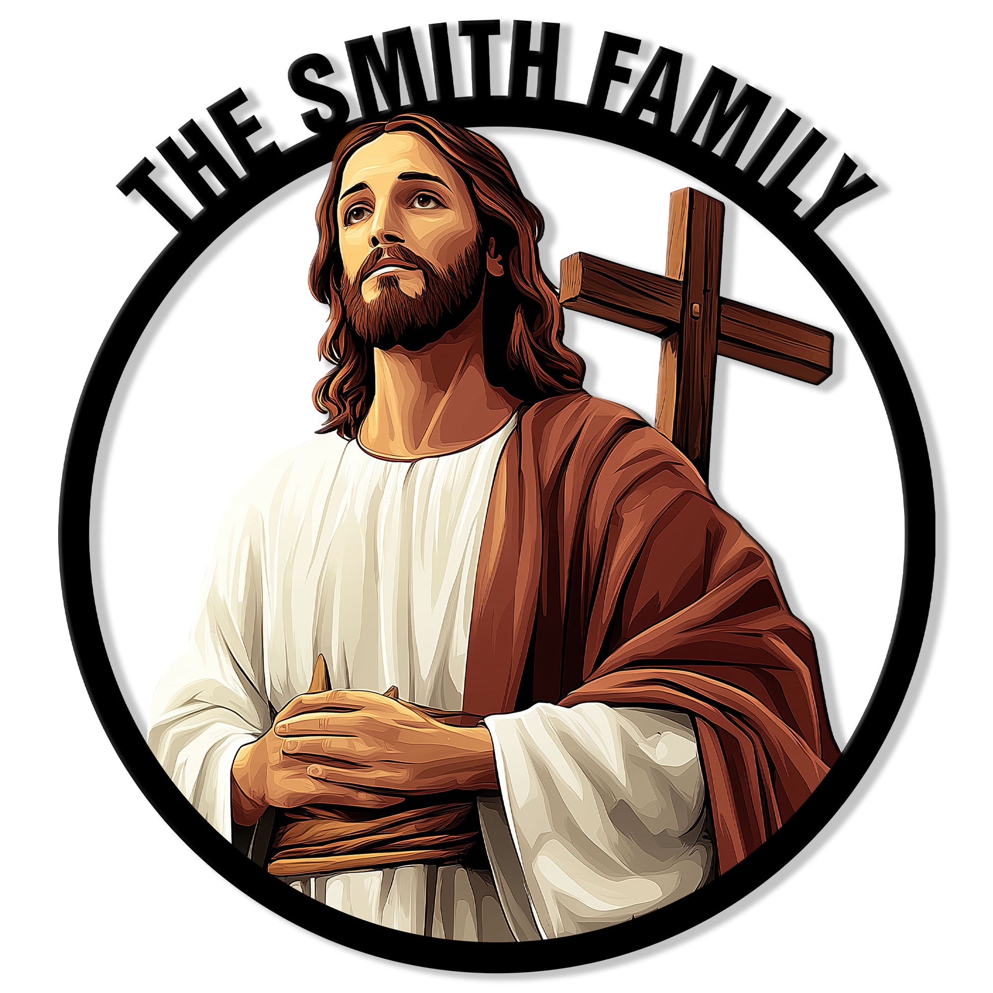 Christian metal sign featuring Jesus with a wooden cross inside a bold circular frame