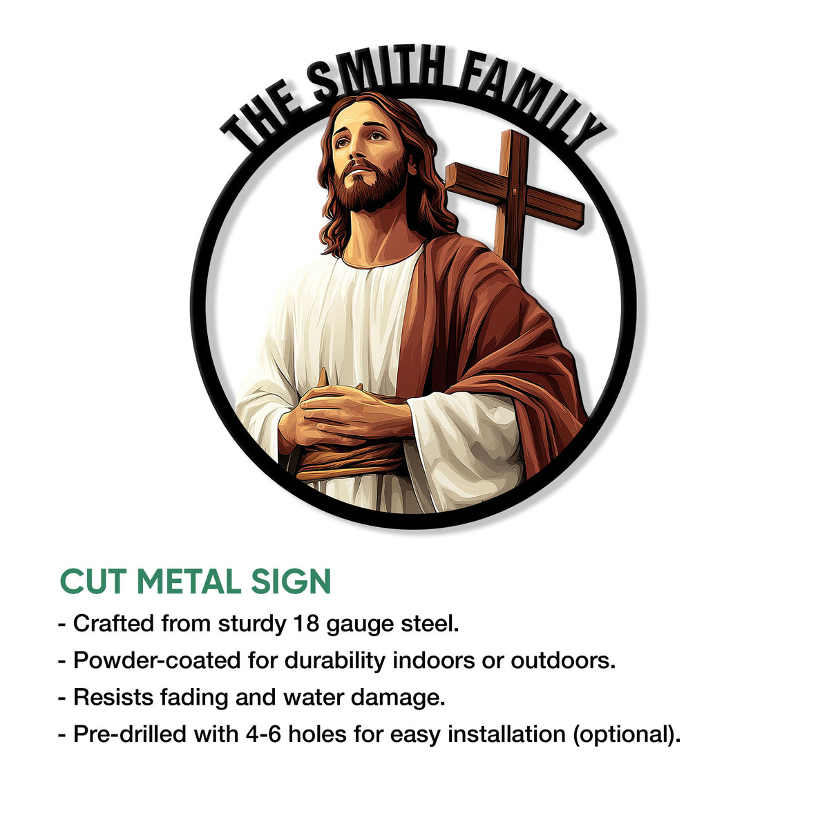 Christian Jesus wall sign shown with a cross and product feature information