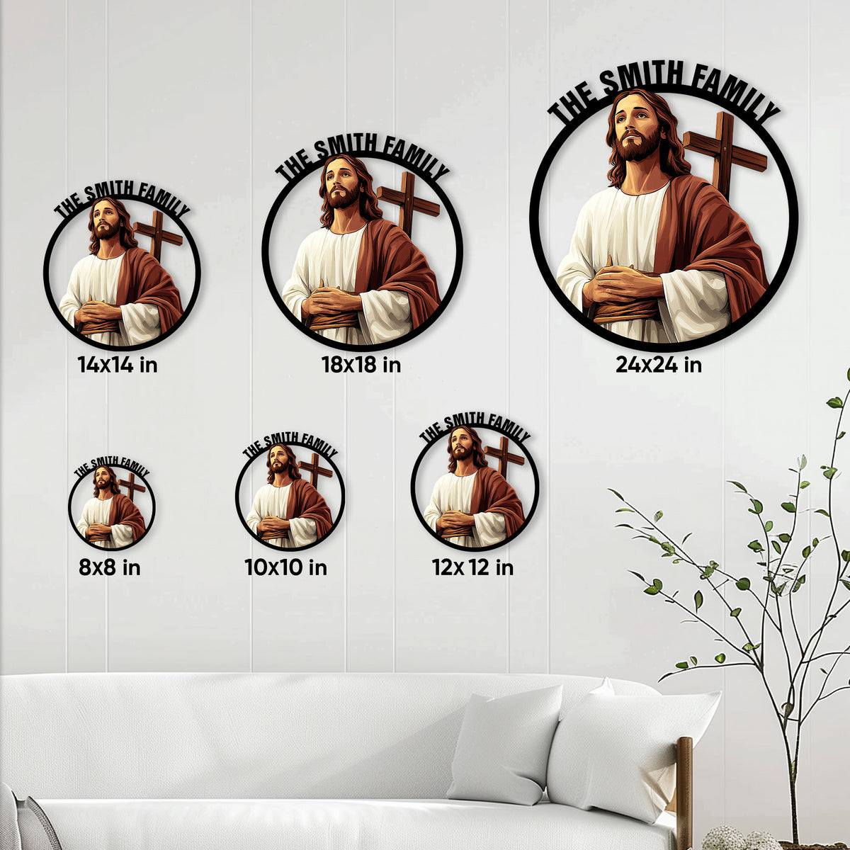 Christian metal sign size guide showing multiple square size options in a living room