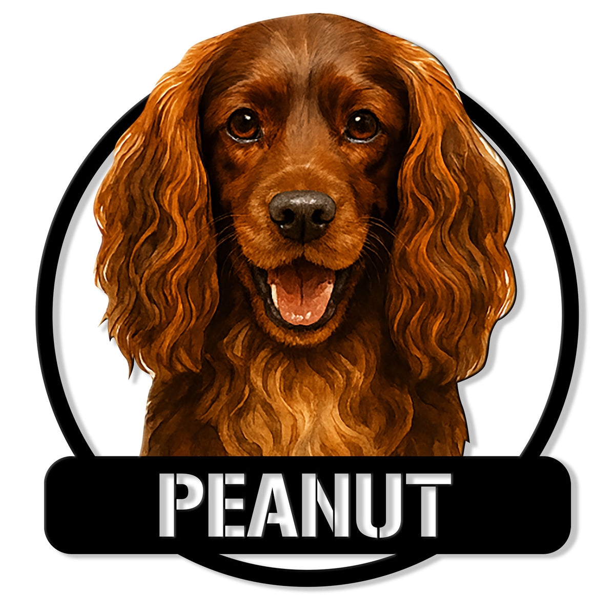 Close-up of a Boykin Spaniel portrait on a round custom metal sign with a bold black nameplate