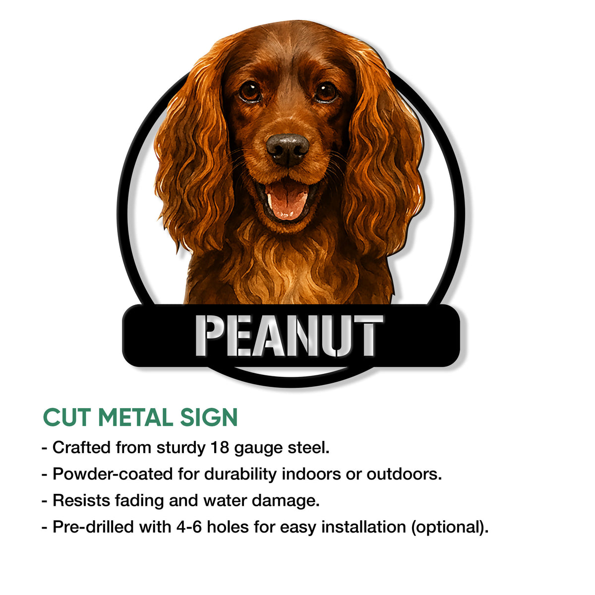 Boykin Spaniel cut metal sign featuring a detailed brown dog portrait and circular outline