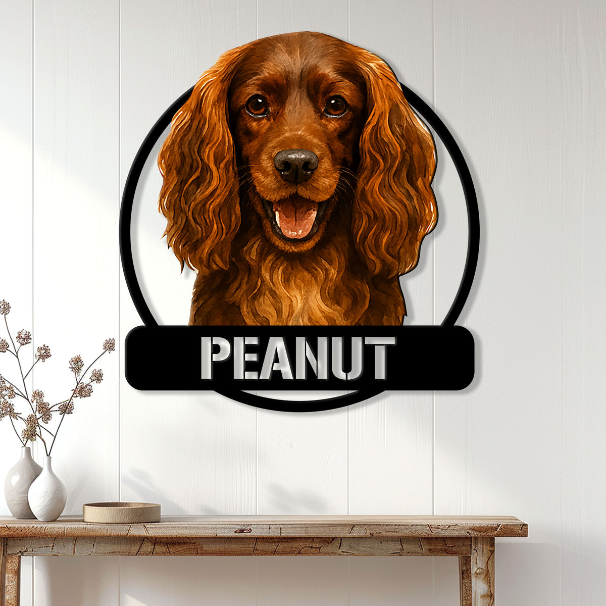 Boykin Spaniel wall sign displayed on a light wood-paneled wall above a console table