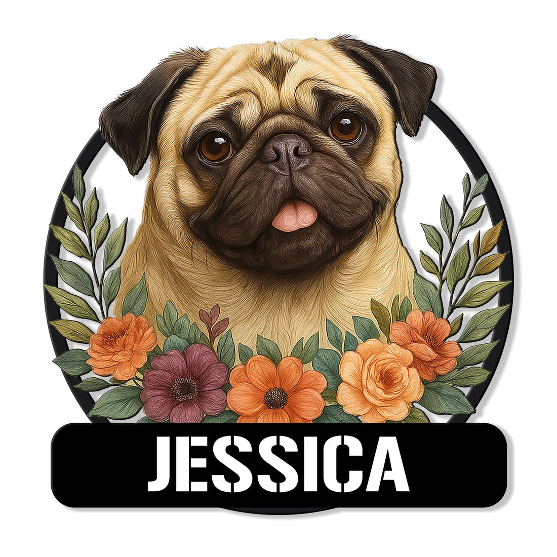 Custom pug metal sign featuring a detailed pug portrait framed by colorful flowers and leafy branches