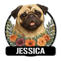 Custom pug metal sign featuring a detailed pug portrait framed by colorful flowers and leafy branches