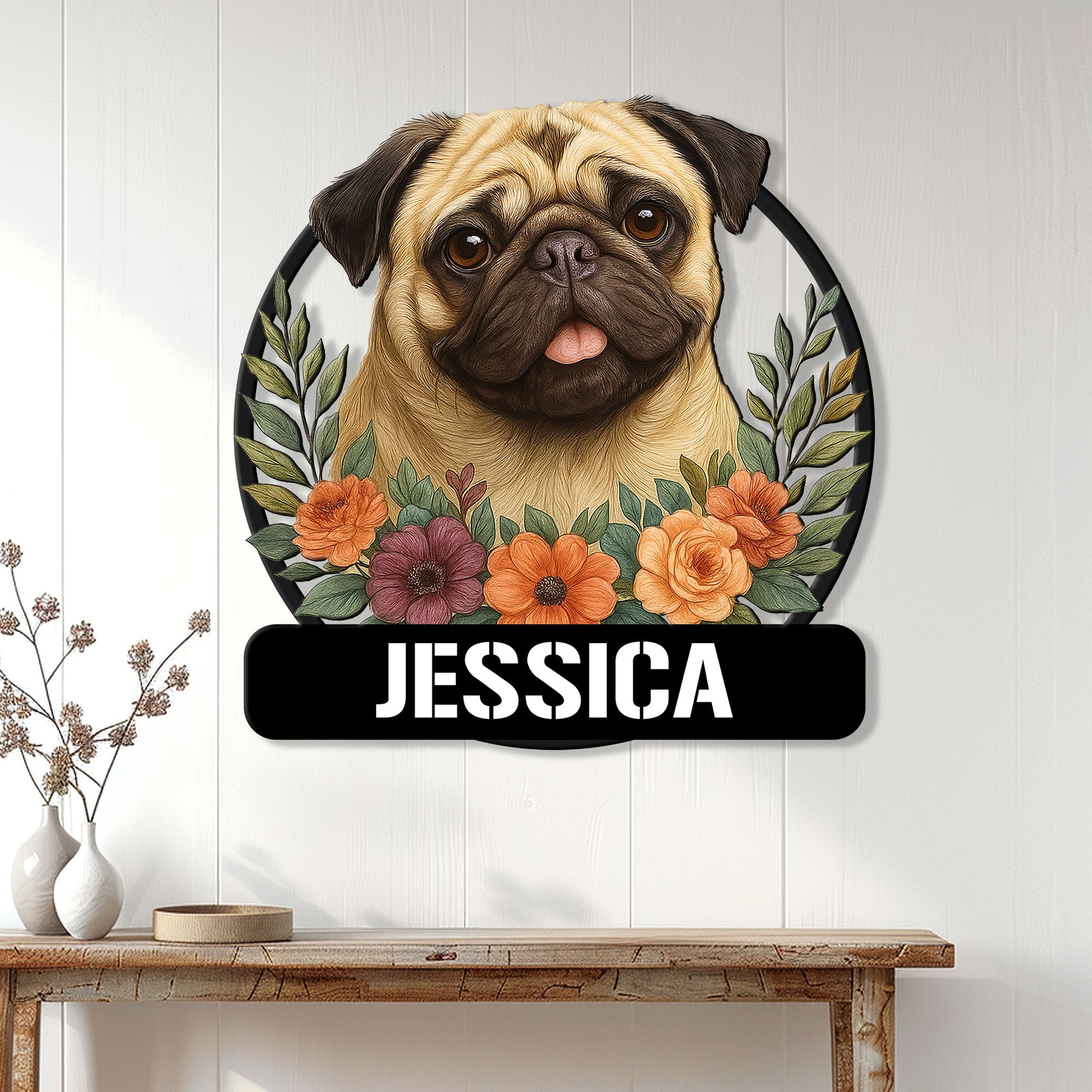 Floral pug wall sign displayed above a console table in a bright modern home