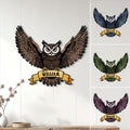 Custom owl metal sign shown in a home setting with spread wings and multiple color options