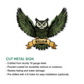 Green spread-wing owl cut metal sign shown with a ribbon design and product feature details