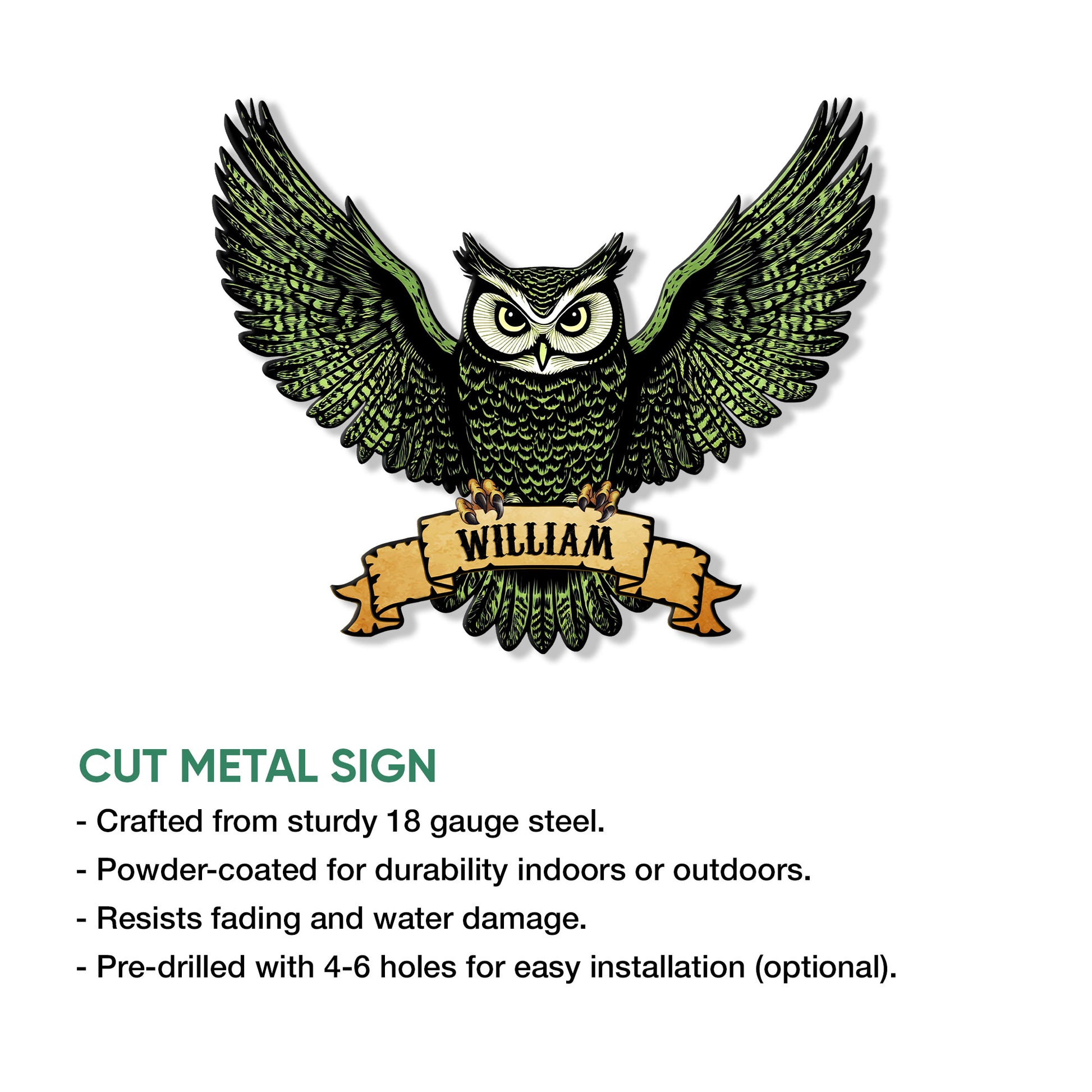 Green spread-wing owl cut metal sign shown with a ribbon design and product feature details