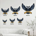 Owl metal sign size guide showing six available square sizes in a living room setting