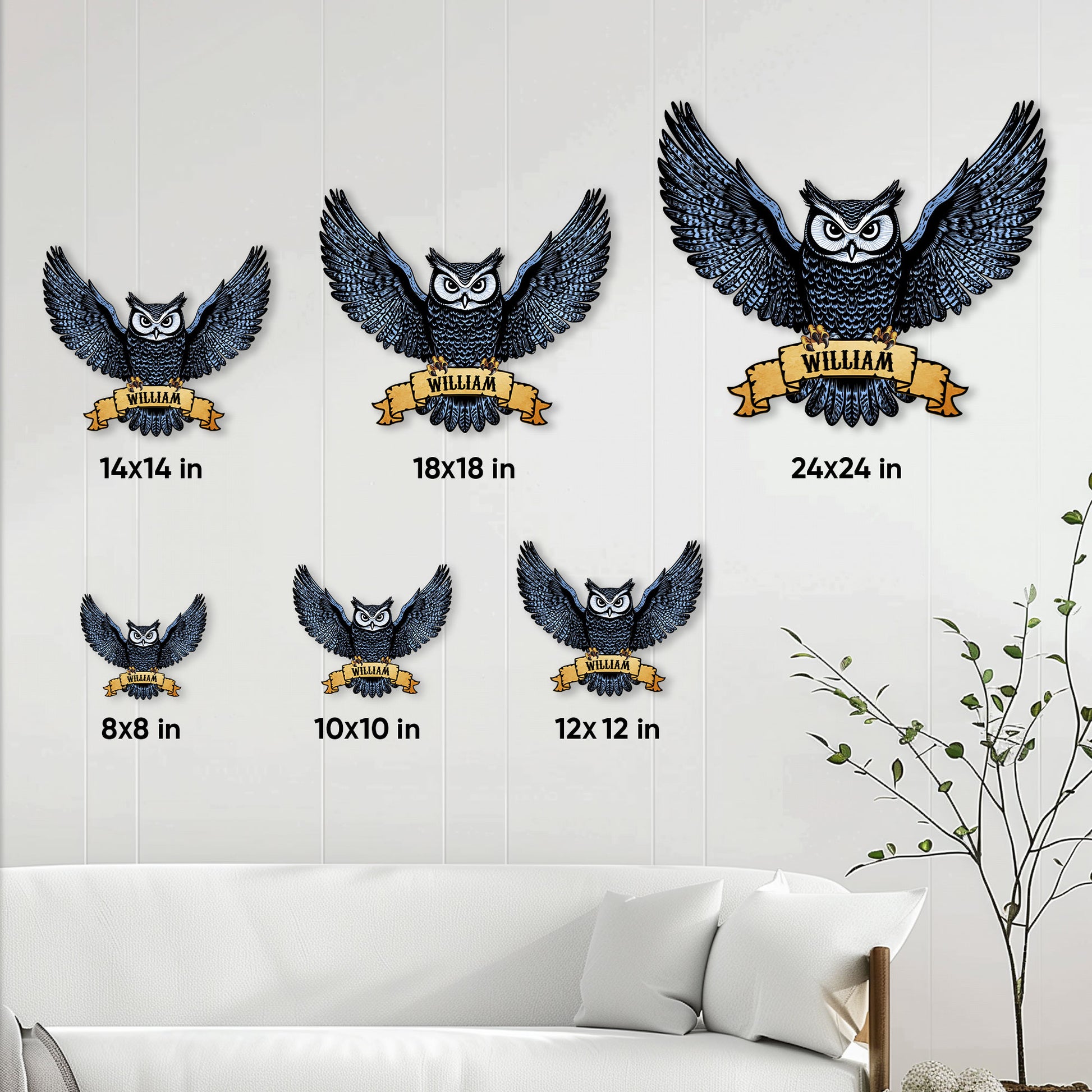 Owl metal sign size guide showing six available square sizes in a living room setting