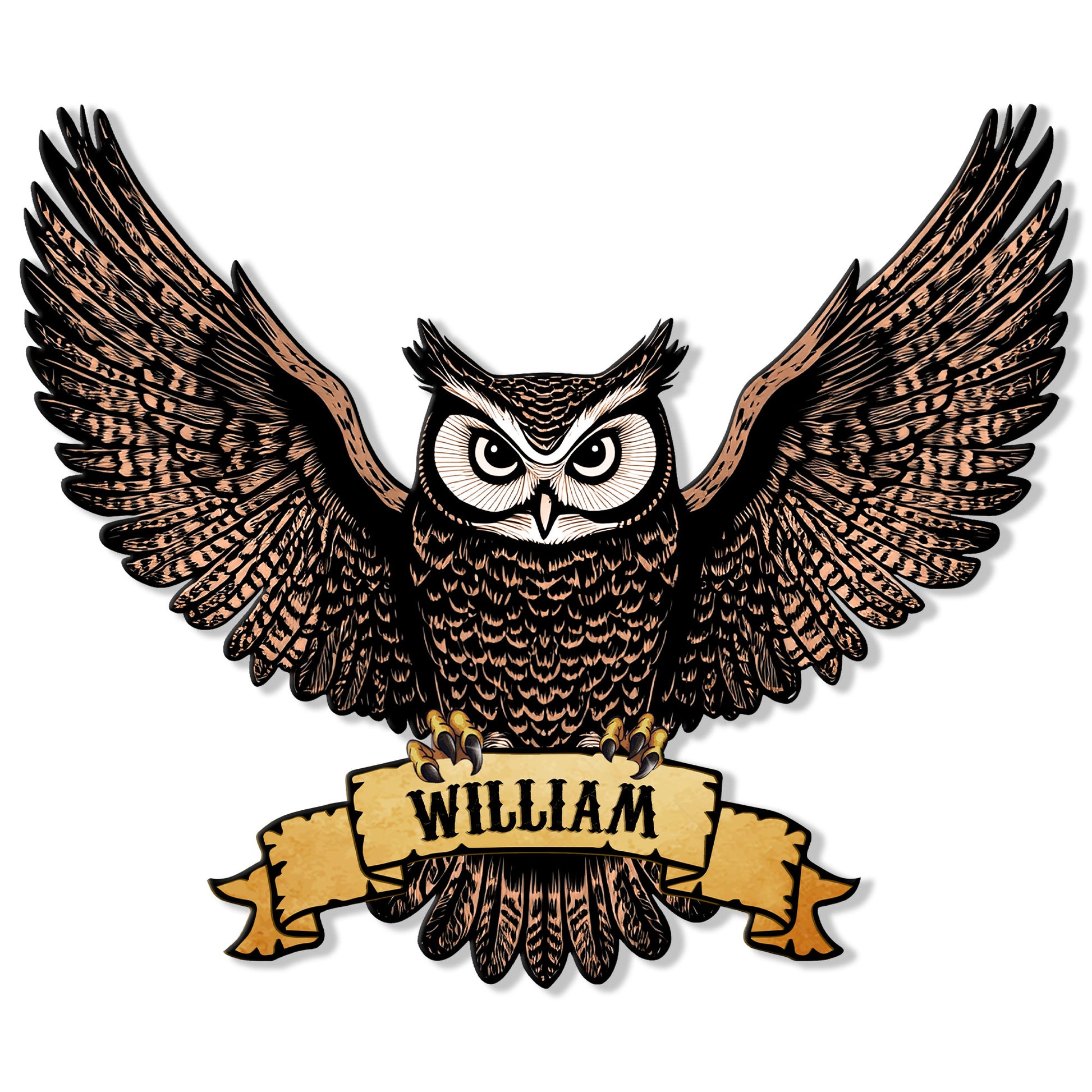 Close-up of a detailed owl metal sign with wide wings, textured feathers, and decorative ribbon