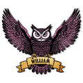 Pink spread-wing owl metal sign featuring intricate feather details and a bold vintage-inspired look