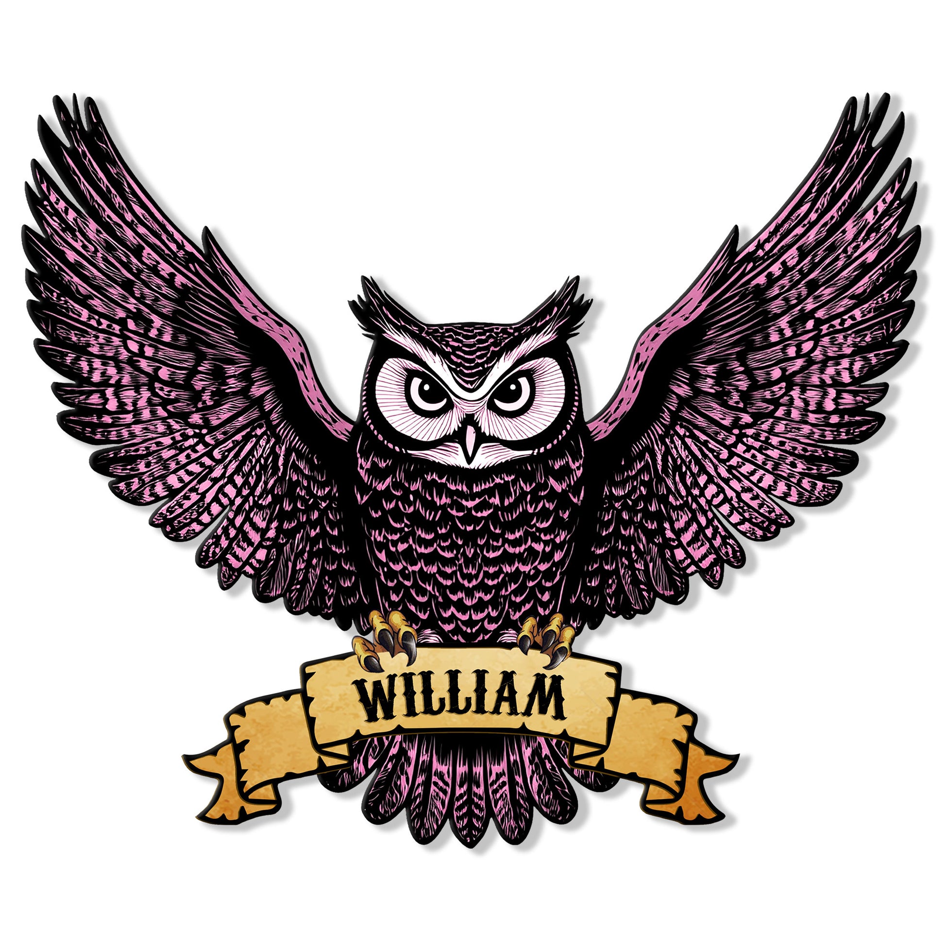 Pink spread-wing owl metal sign featuring intricate feather details and a bold vintage-inspired look