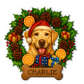 Custom Labrador Retriever metal sign featuring a Santa hat, holiday wreath, gifts, and bone-shaped plaque
