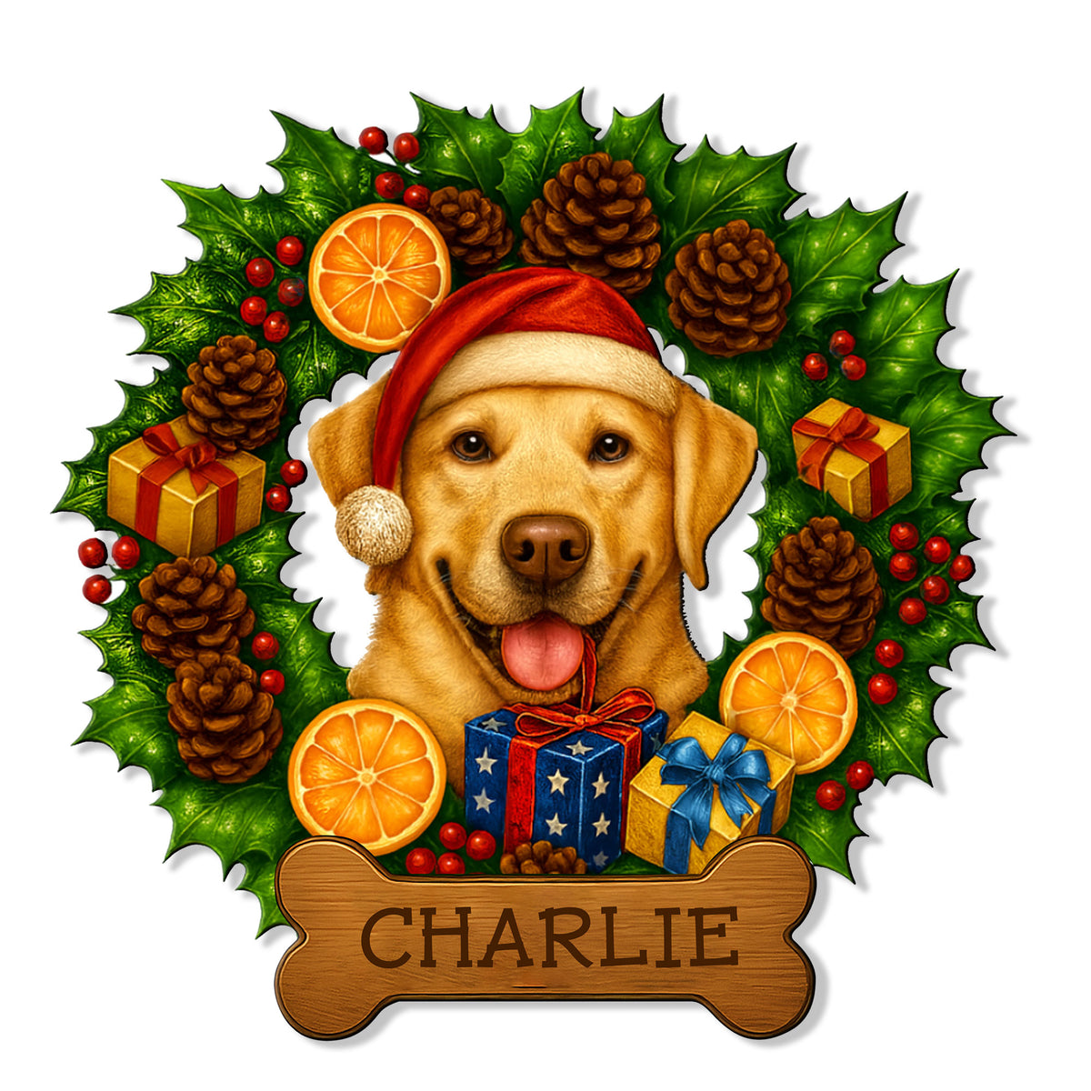 Custom Labrador Retriever metal sign featuring a Santa hat, holiday wreath, gifts, and bone-shaped plaque