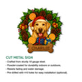 Labrador Christmas metal sign shown with a product feature infographic and available size options