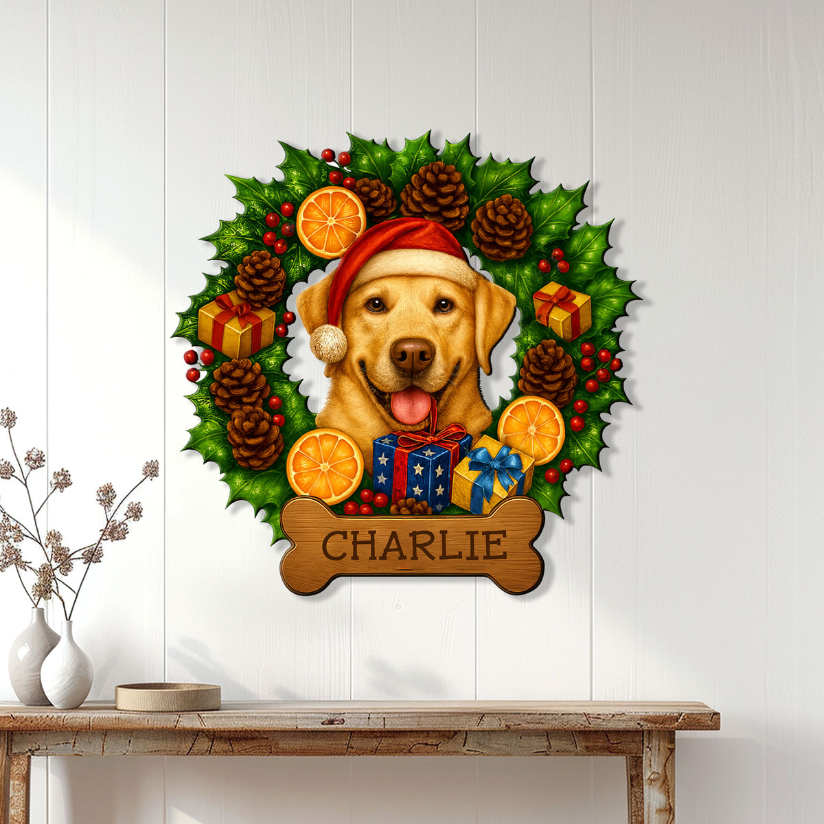 Labrador Retriever Christmas sign displayed as festive wall decor above a console table