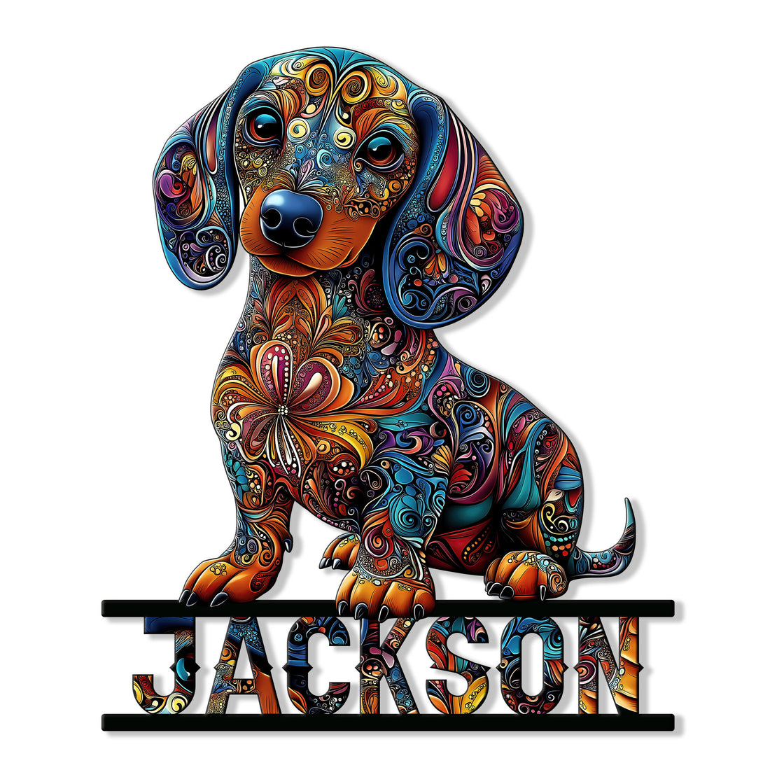 Colorful dachshund metal sign featuring a whimsical patterned dog and decorative wall sign design