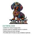 Dachshund cut metal sign with vibrant ornamental artwork and an indoor or outdoor display overview