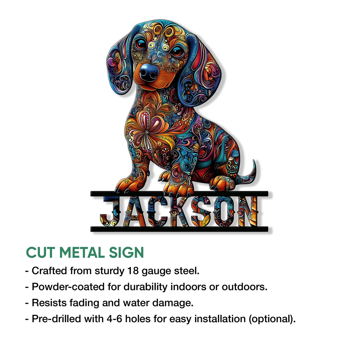 Dachshund cut metal sign with vibrant ornamental artwork and an indoor or outdoor display overview
