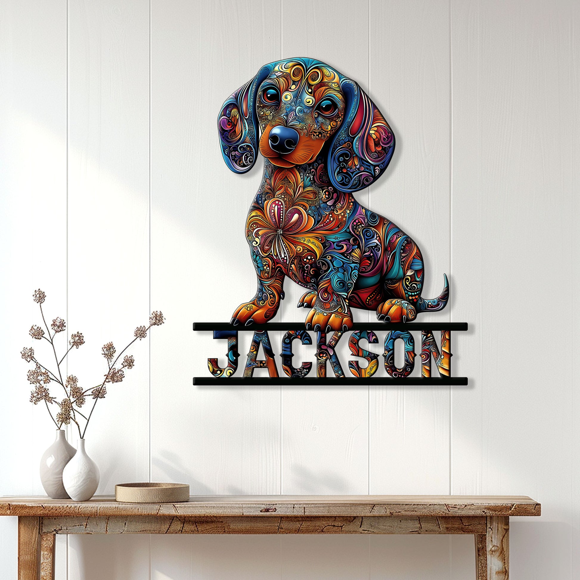 Colorful dachshund wall sign displayed above a console table in a bright modern home