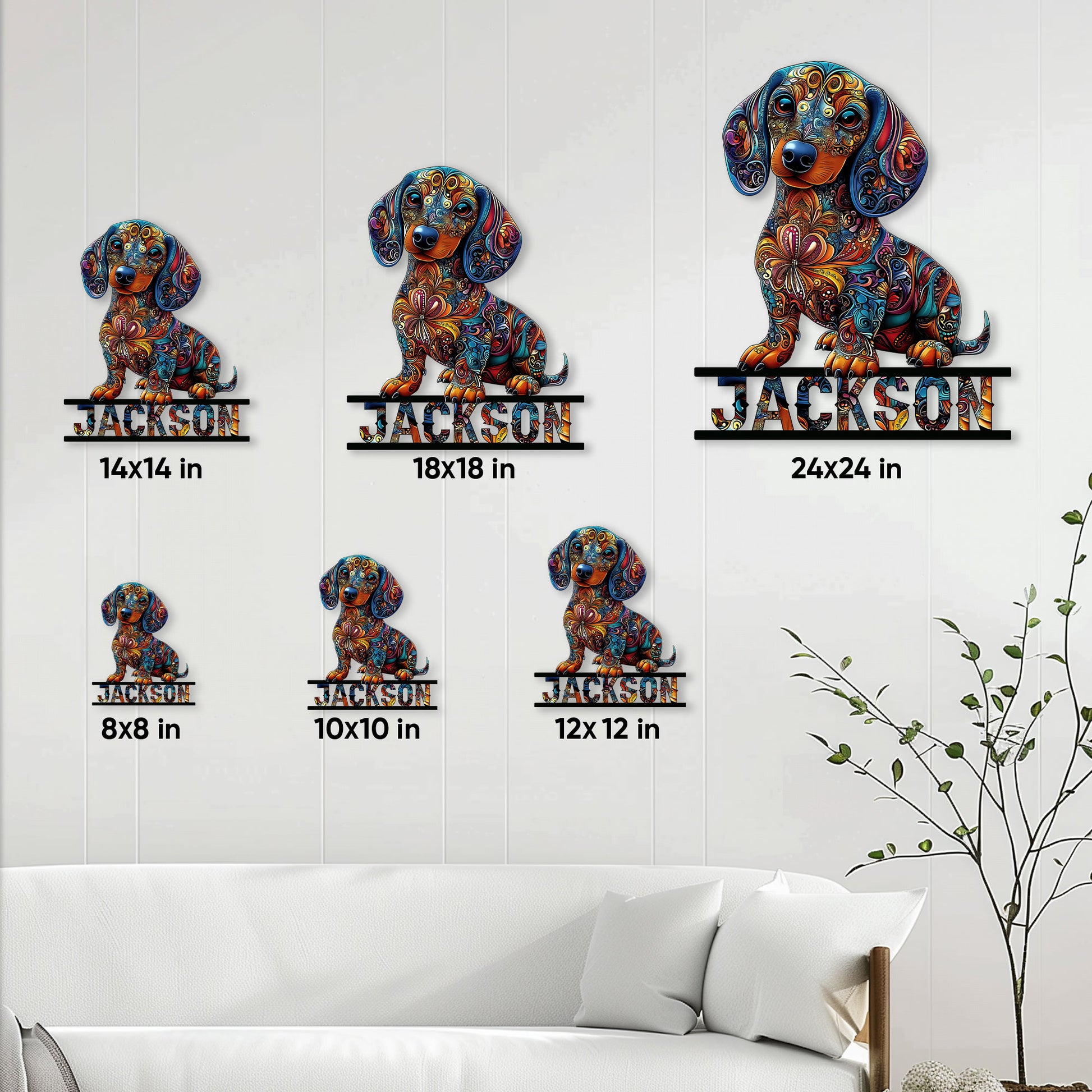 Dachshund metal sign size guide showing multiple square size options for home wall decor