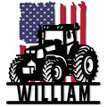 Custom tractor metal sign featuring a bold black farm tractor over a patriotic American flag design