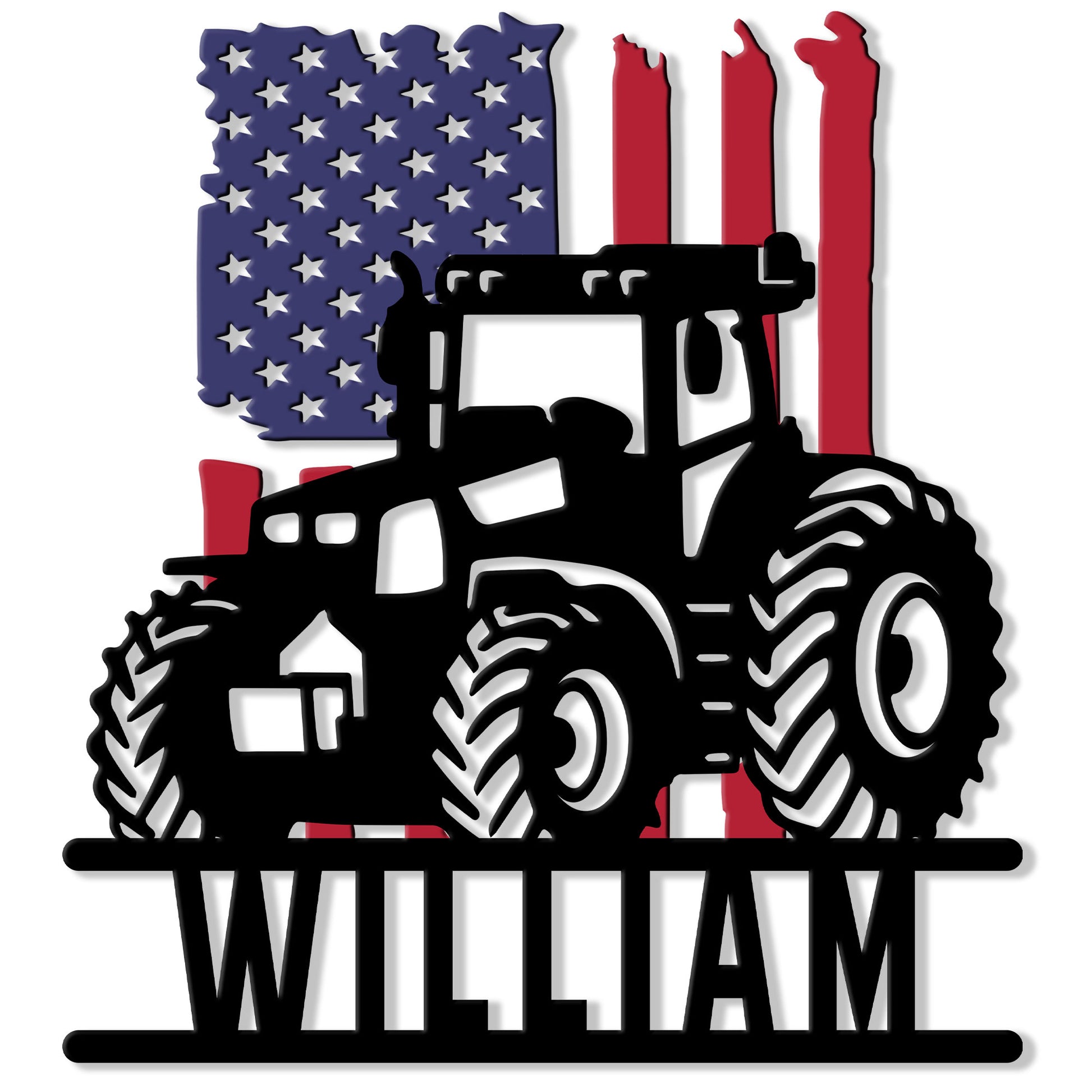 Custom tractor metal sign featuring a bold black farm tractor over a patriotic American flag design