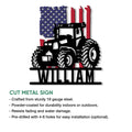 Patriotic tractor metal sign shown as a cut-metal farm decor design with indoor and outdoor display details