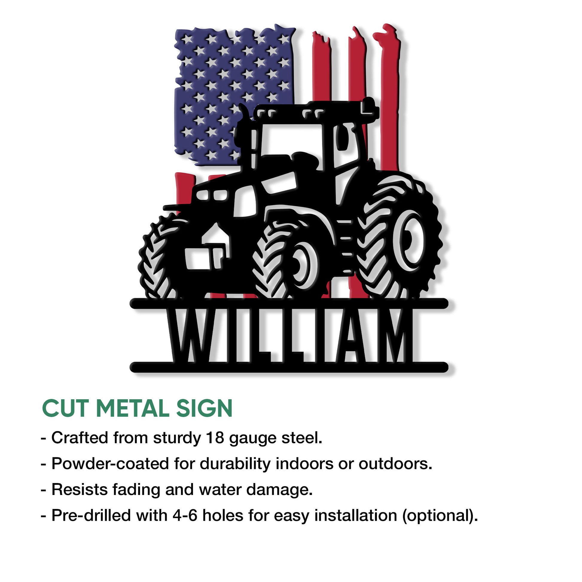 Patriotic tractor metal sign shown as a cut-metal farm decor design with indoor and outdoor display details