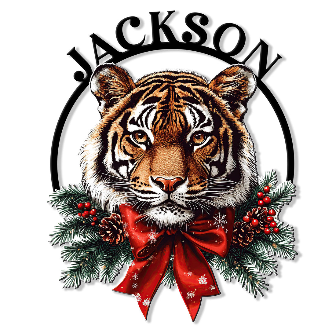 Custom tiger metal sign featuring a bold tiger portrait framed by evergreen branches, berries, and a red Christmas bow