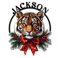 Custom tiger metal sign featuring a bold tiger portrait framed by evergreen branches, berries, and a red Christmas bow