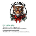 Tiger metal sign product infographic showing the festive wildlife design and available cut metal sign options