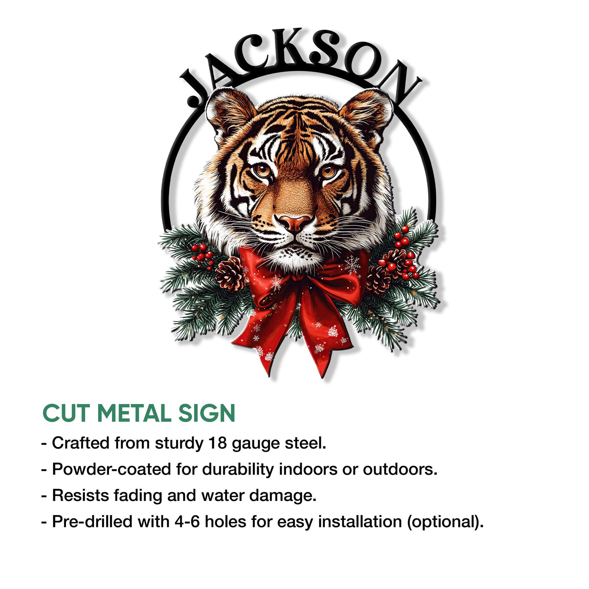 Tiger metal sign product infographic showing the festive wildlife design and available cut metal sign options