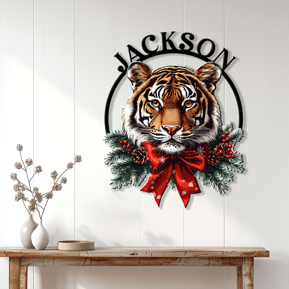 Festive tiger wall sign displayed on a white paneled wall above a rustic console table