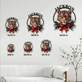 Tiger metal sign size guide showing multiple square size options displayed in a bright living room