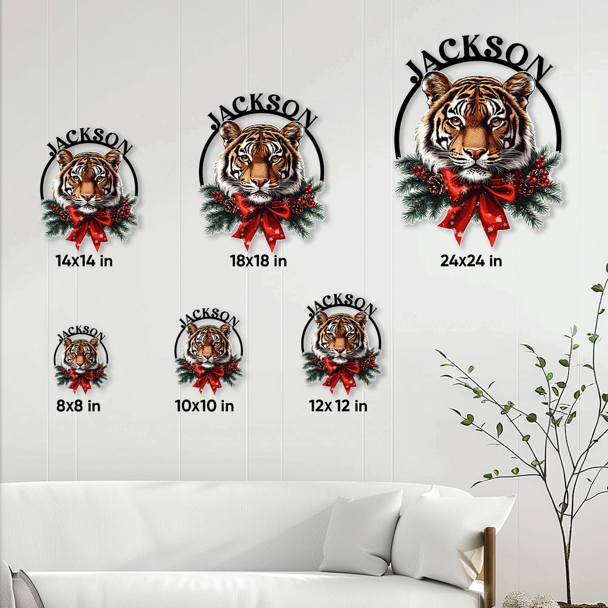 Tiger metal sign size guide showing multiple square size options displayed in a bright living room