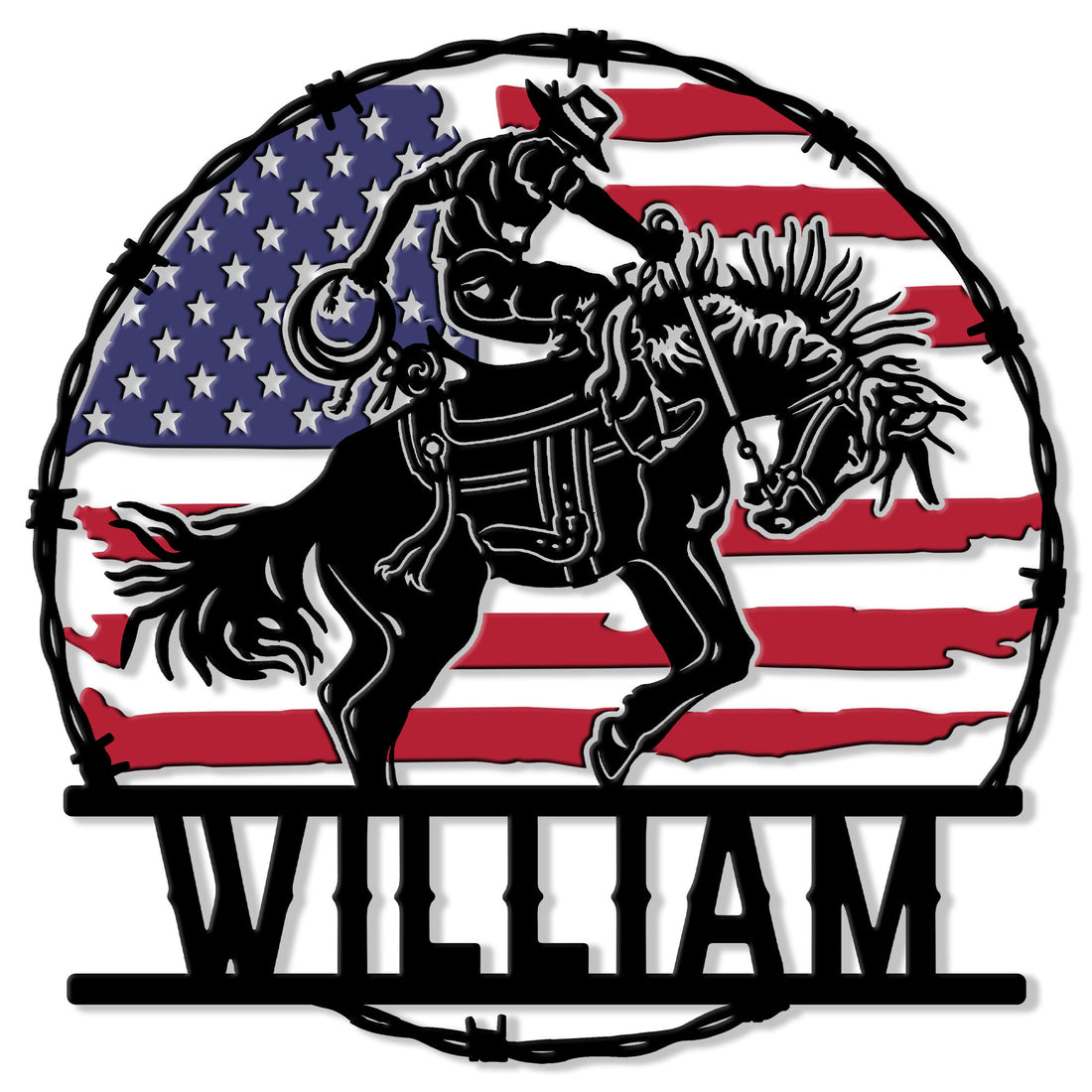 Rodeo bull rider metal sign with an American flag backdrop and barbed wire border