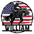 Rodeo bull rider metal sign with an American flag backdrop and barbed wire border