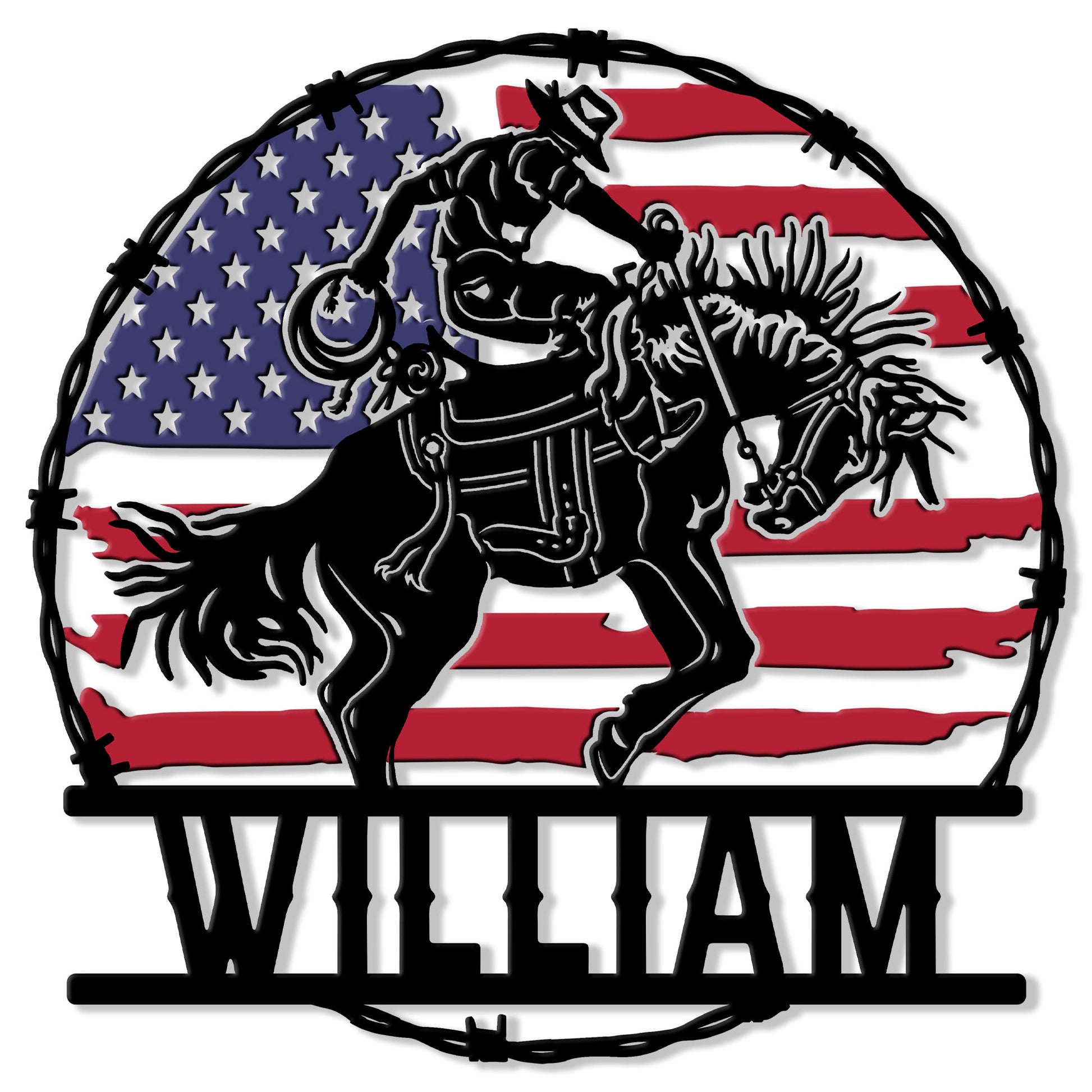 Rodeo bull rider metal sign with an American flag backdrop and barbed wire border