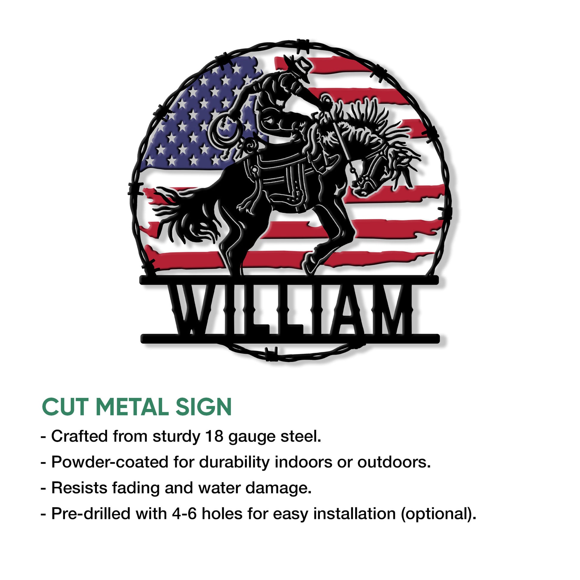 Cut metal rodeo sign featuring a bull rider, American flag design, and bold western silhouette
