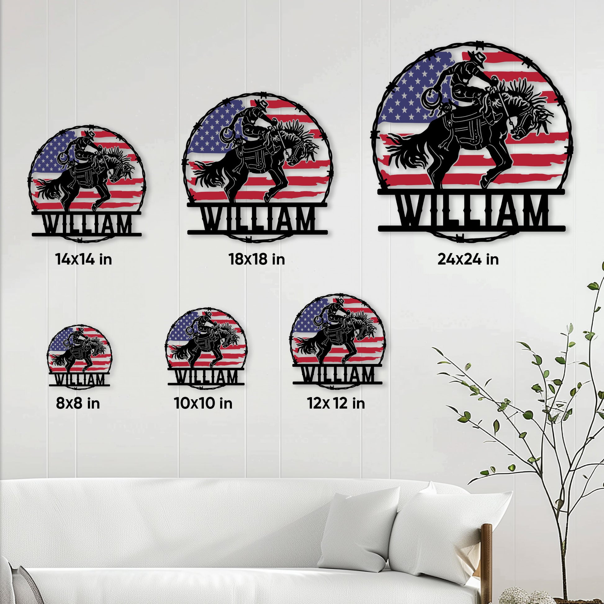 Rodeo bull rider metal sign size guide showing multiple square size options on a wall