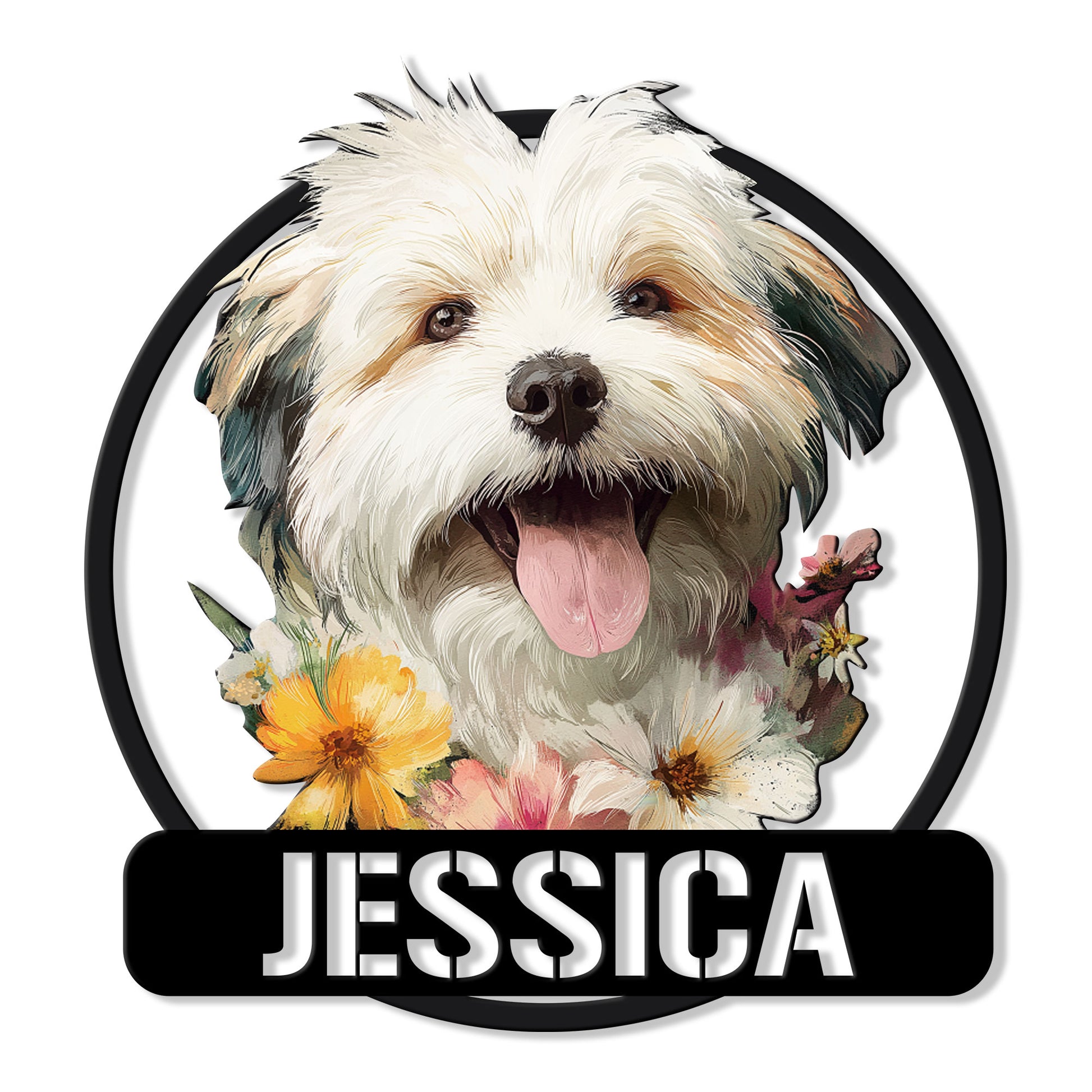 Floral Lhasa Apso portrait on a round custom metal wall sign